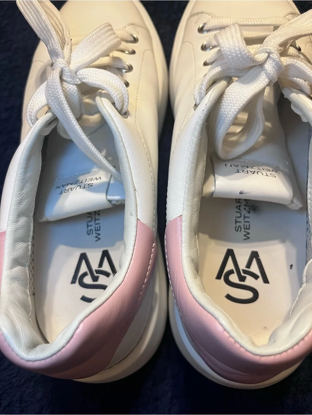 Stuart Weitzman White Leather Sneakers with Pink Heel Accent
